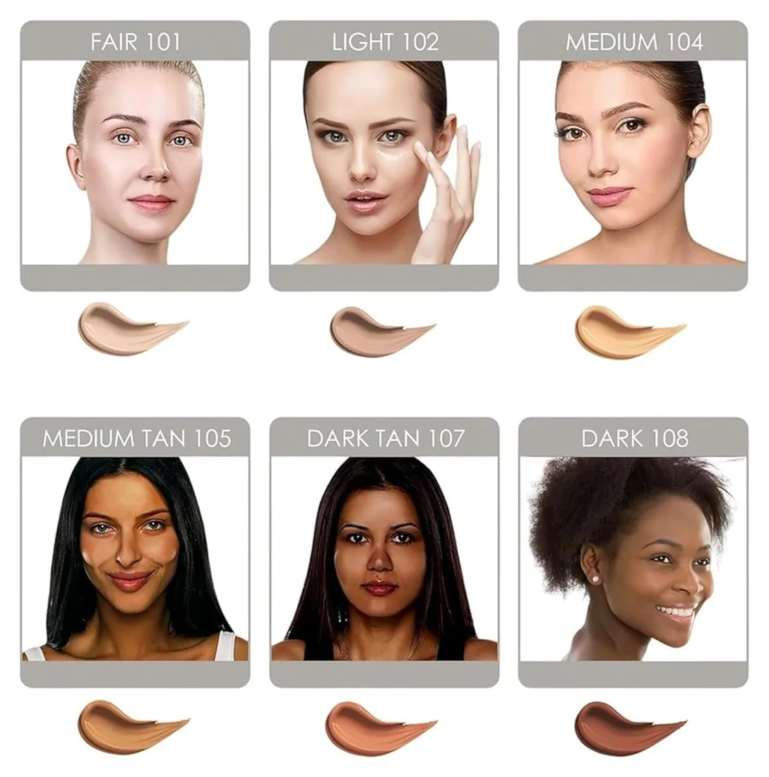 BELLATERRA BB Cream shade guide: Fair 101, Light 102, Medium 104, Medium Tan 105, Dark Tan 107 and Dark 108, each shown on a model with a swatch